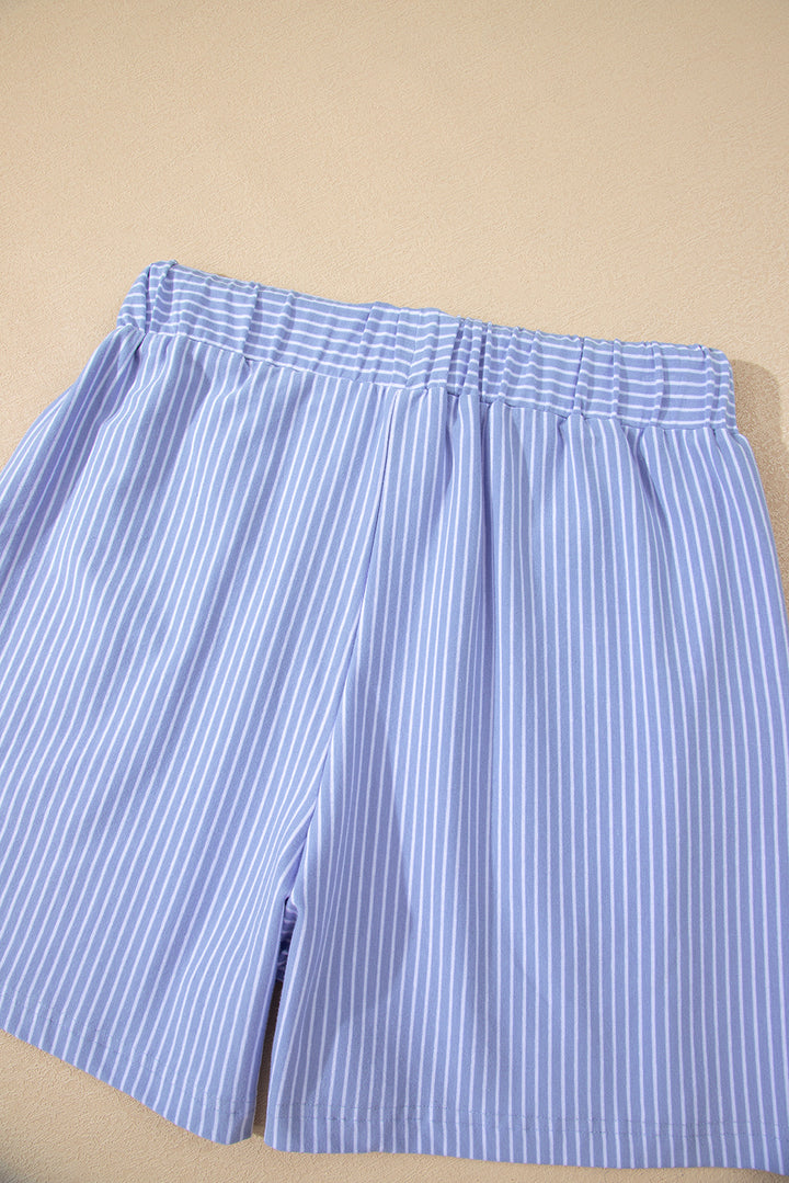 Sky Blue Stripe Dolman Sleeve Polo Shirt and Drawstring Shorts Set