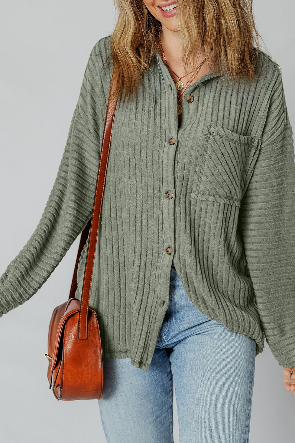 Mist Green Thermal Ribbed Texture Button Up Shacket