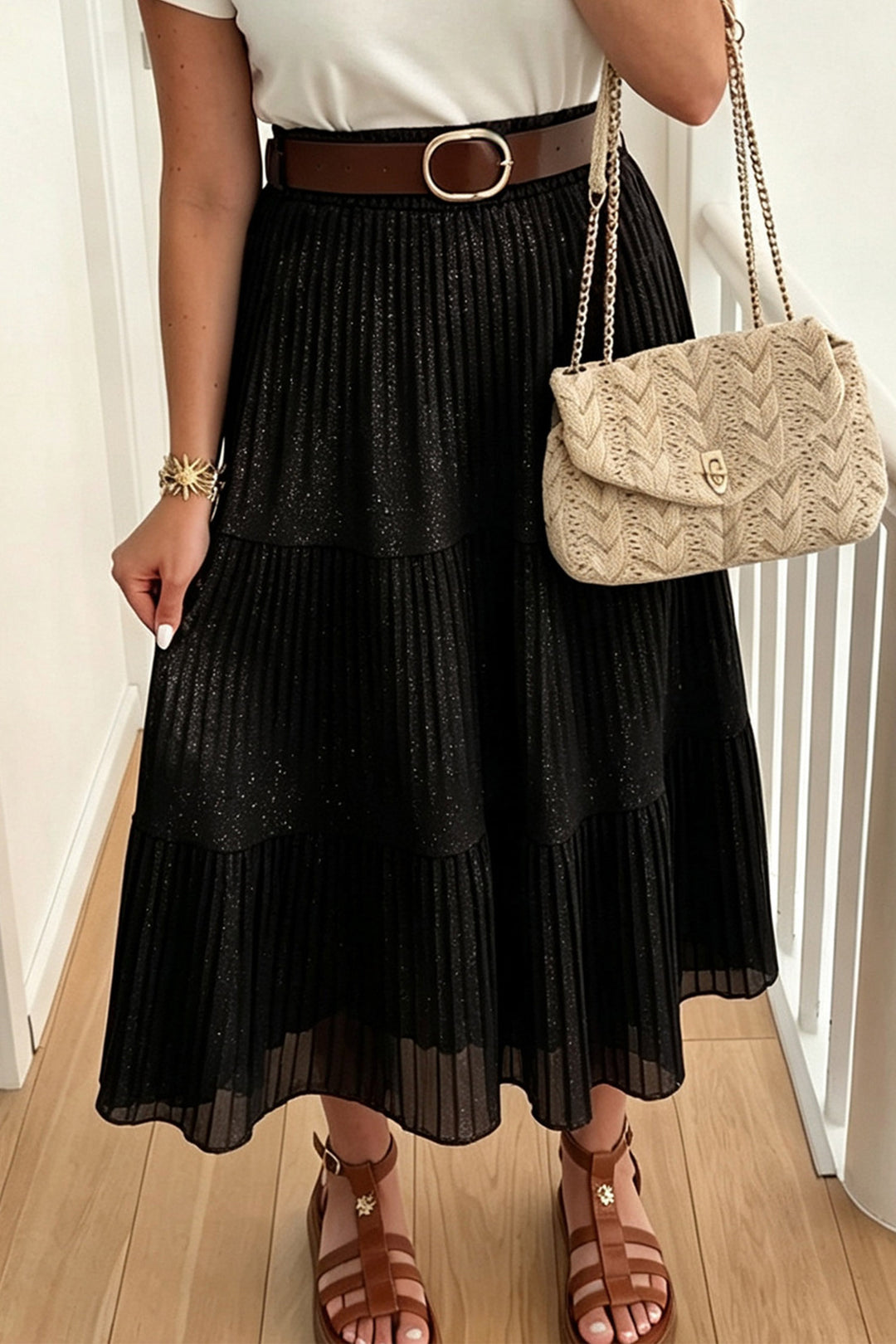 Black Solid Color Shimmer Detail Pleated Tiered Long Skirt