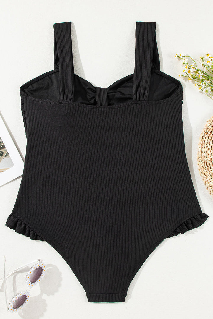Plus Size Textured Knotted Ruffled Trim One Piece Swimwear
