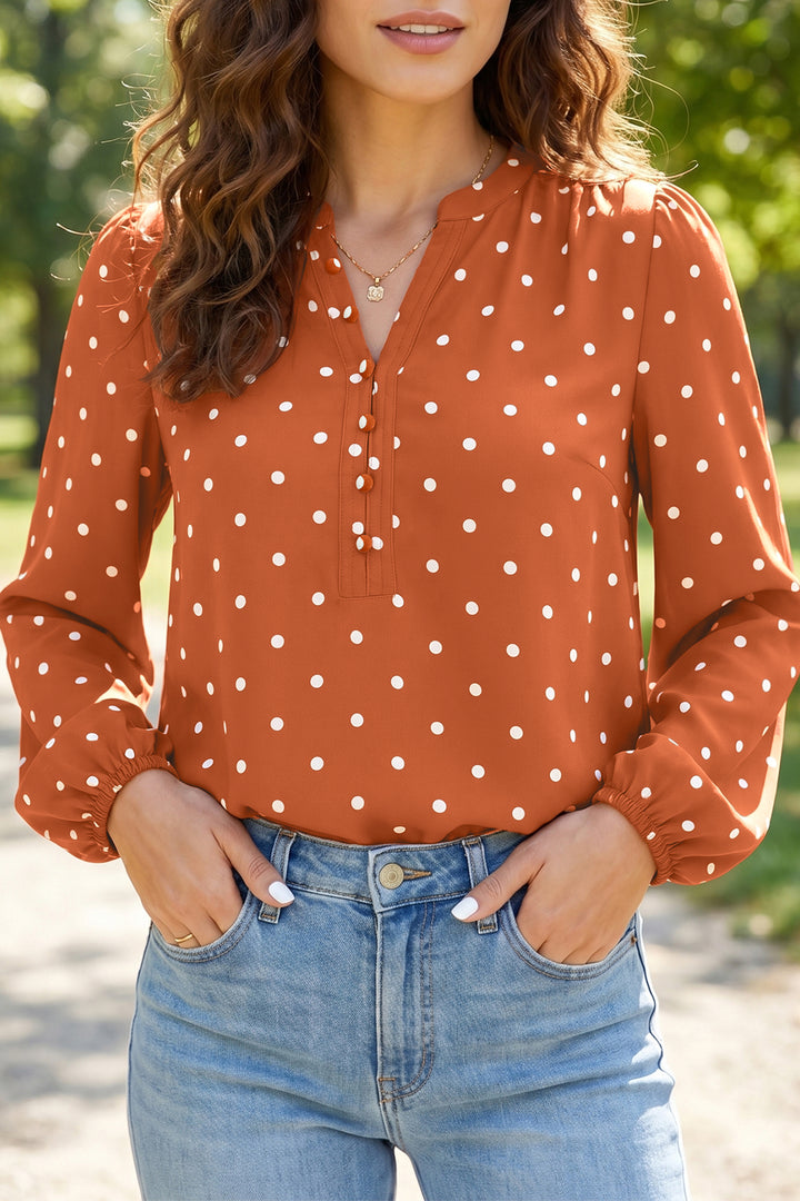 Brown Polka Dot V Neck Long Sleeve Blouse