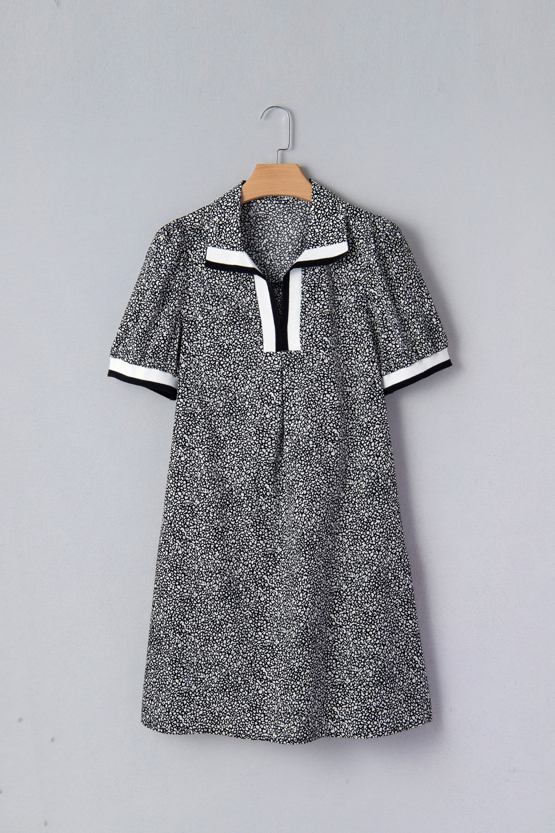 Leopard Print Contrast Striped Trim Polo Collar Short Sleeve Dress with Pockets