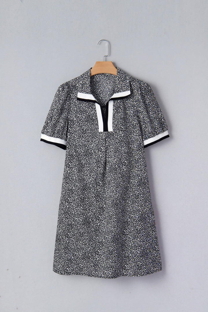 Leopard Print Contrast Striped Trim Polo Collar Short Sleeve Dress with Pockets