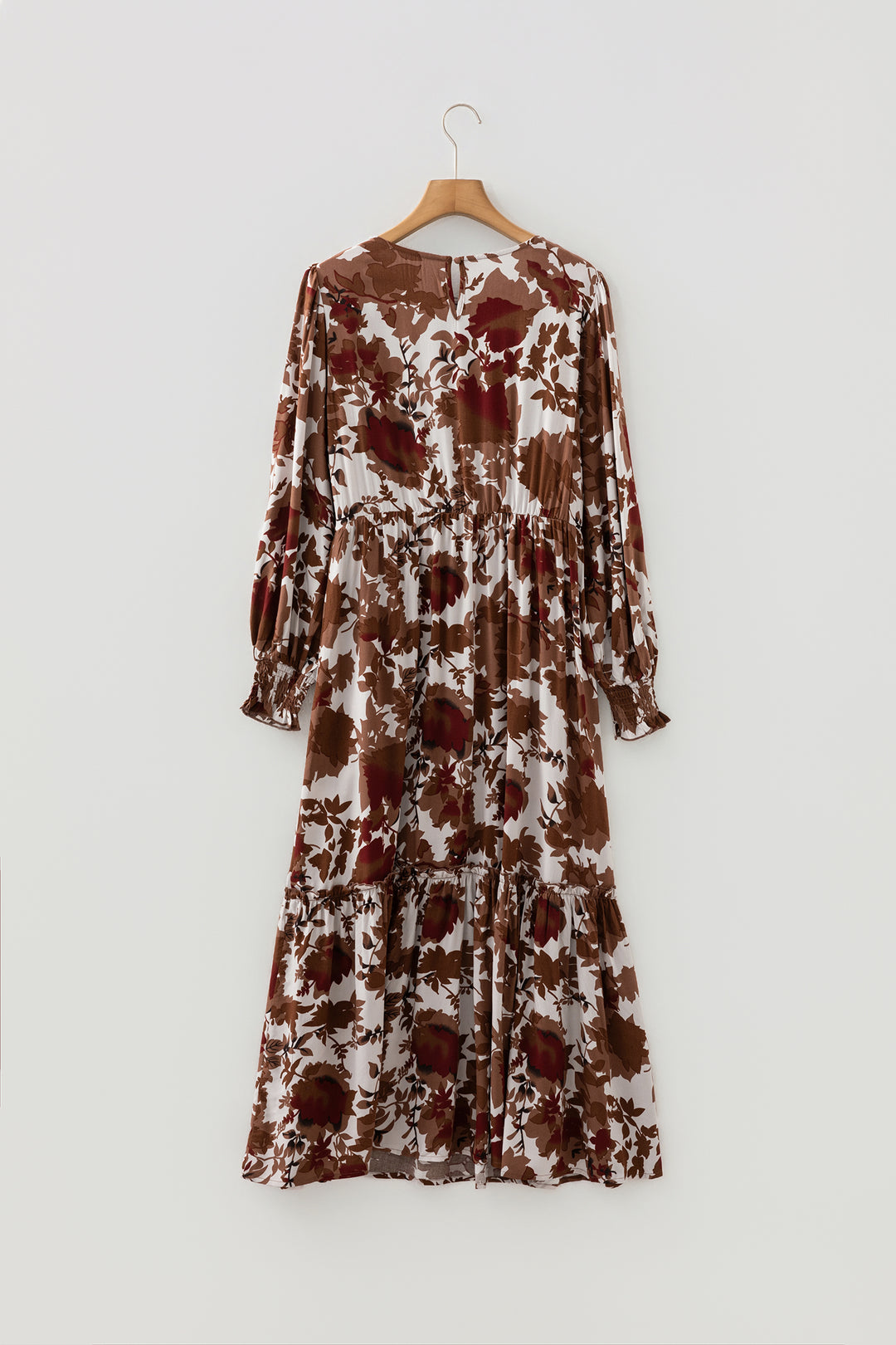 Chestnut Floral Puff Sleeve Smocked Bodice Ruffled Long Dress