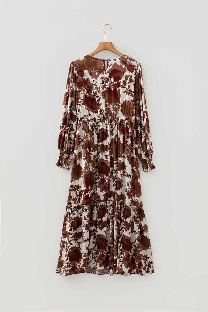 Chestnut Floral Puff Sleeve Smocked Bodice Ruffled Long Dress