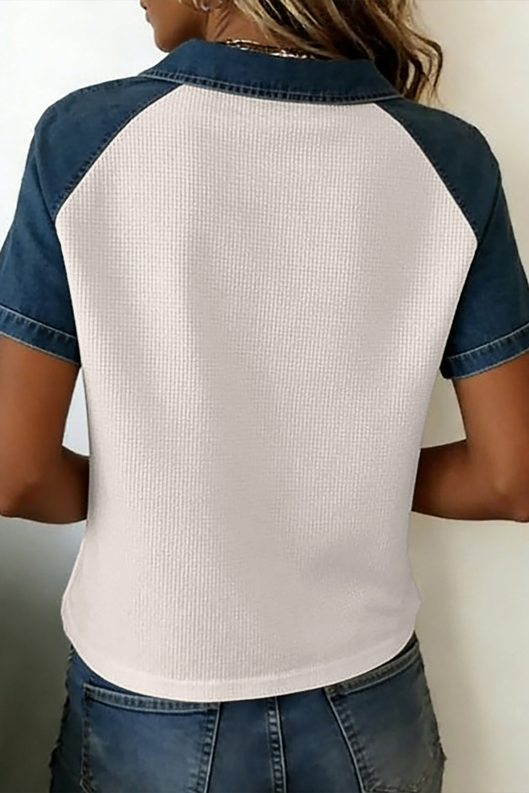 Casual White Textured Color Block Denim Patchwork Polo Collar Tee
