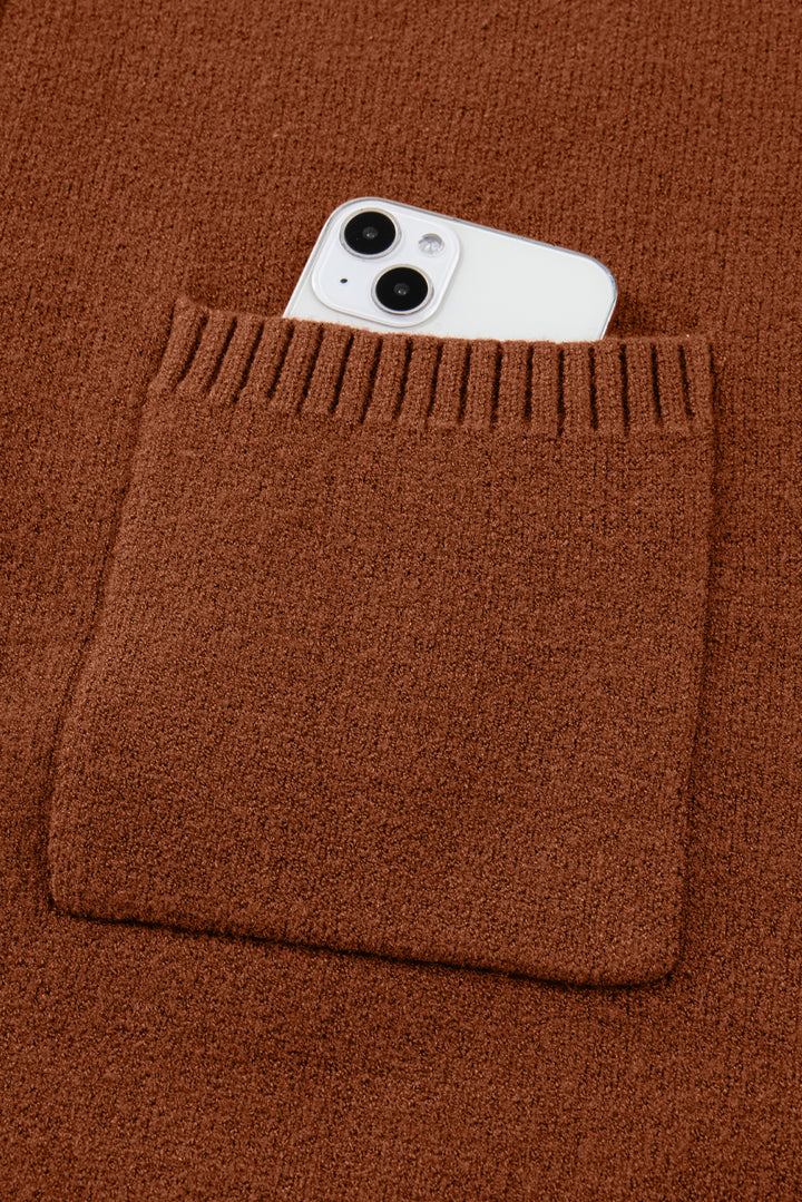 Ribbed High Neck Front Pockets Center Seam Shift Sweater Dress