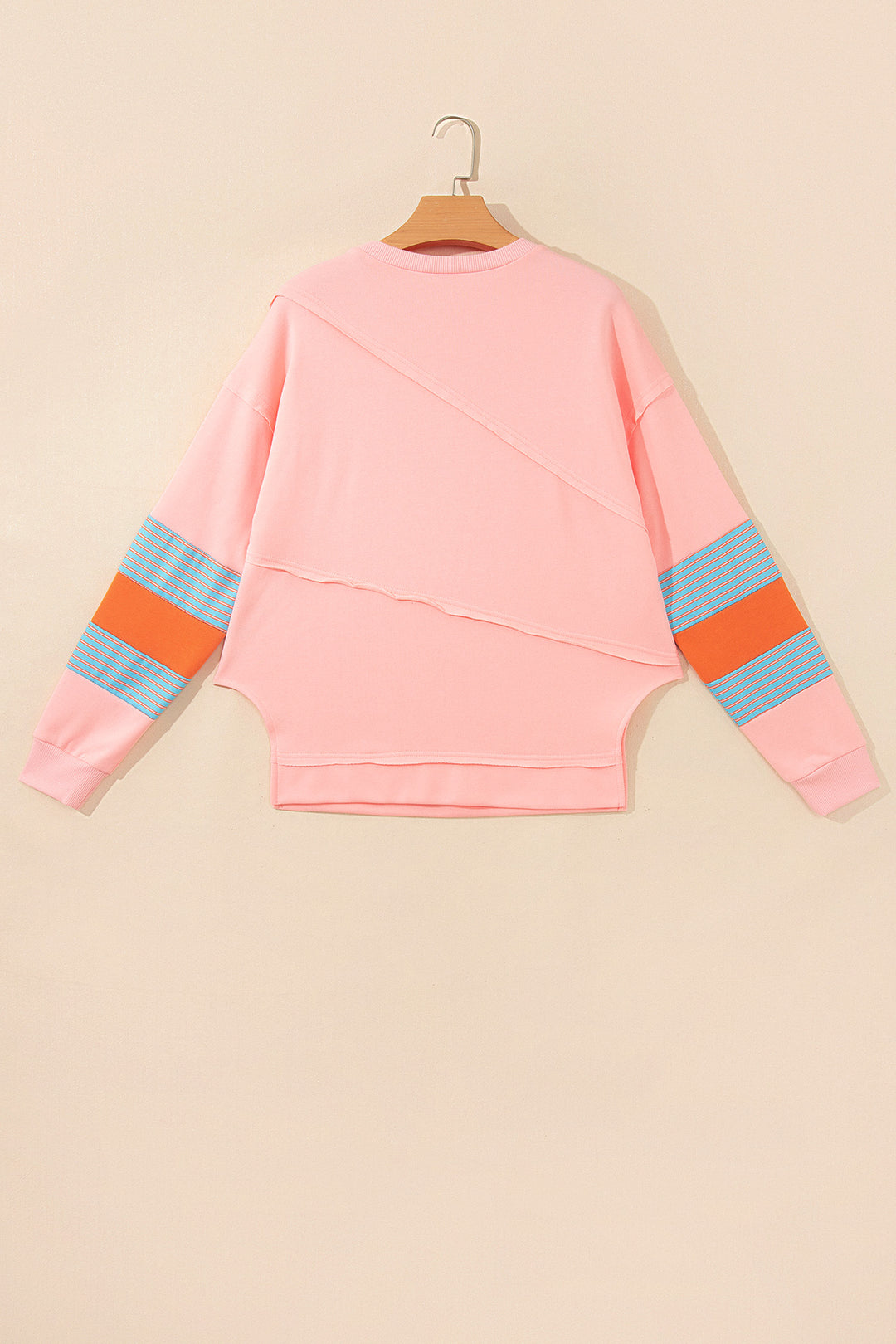 Pink Colorblock Striped Patchwork Raw Detail Long Sleeve Top