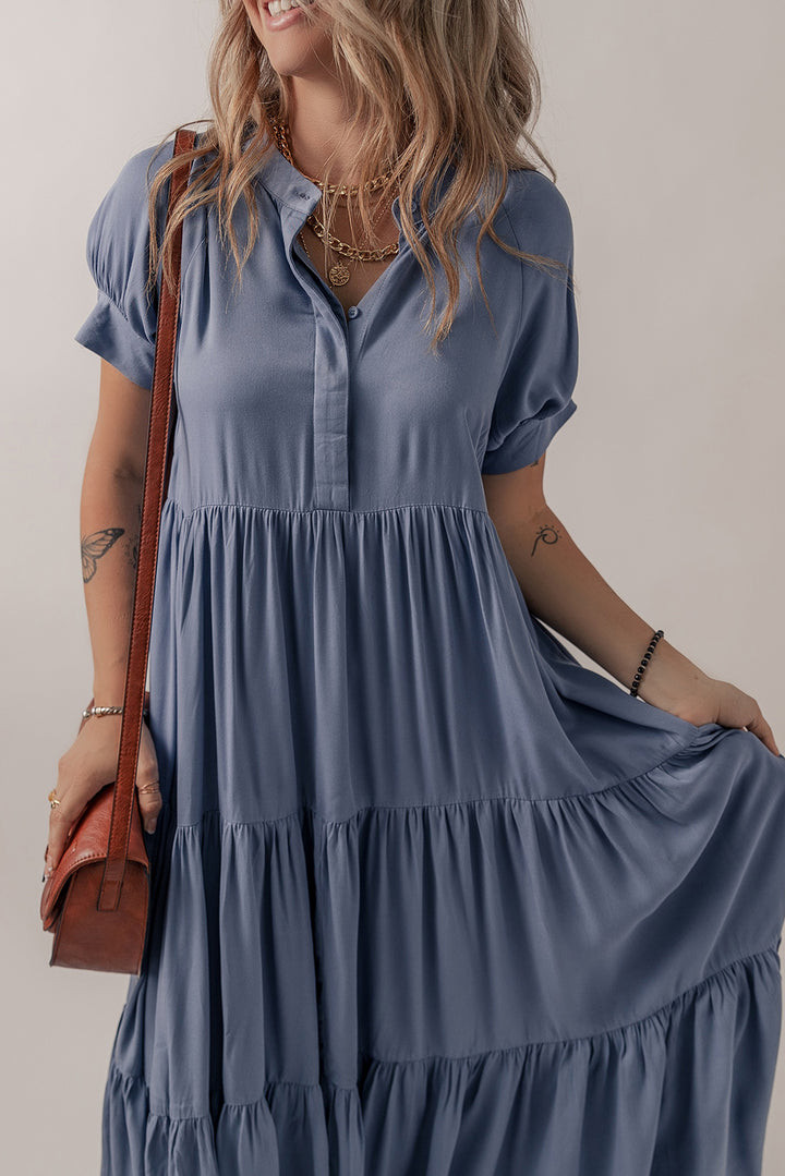 Robe longue évasée à volants et manches courtes, boutons cachés