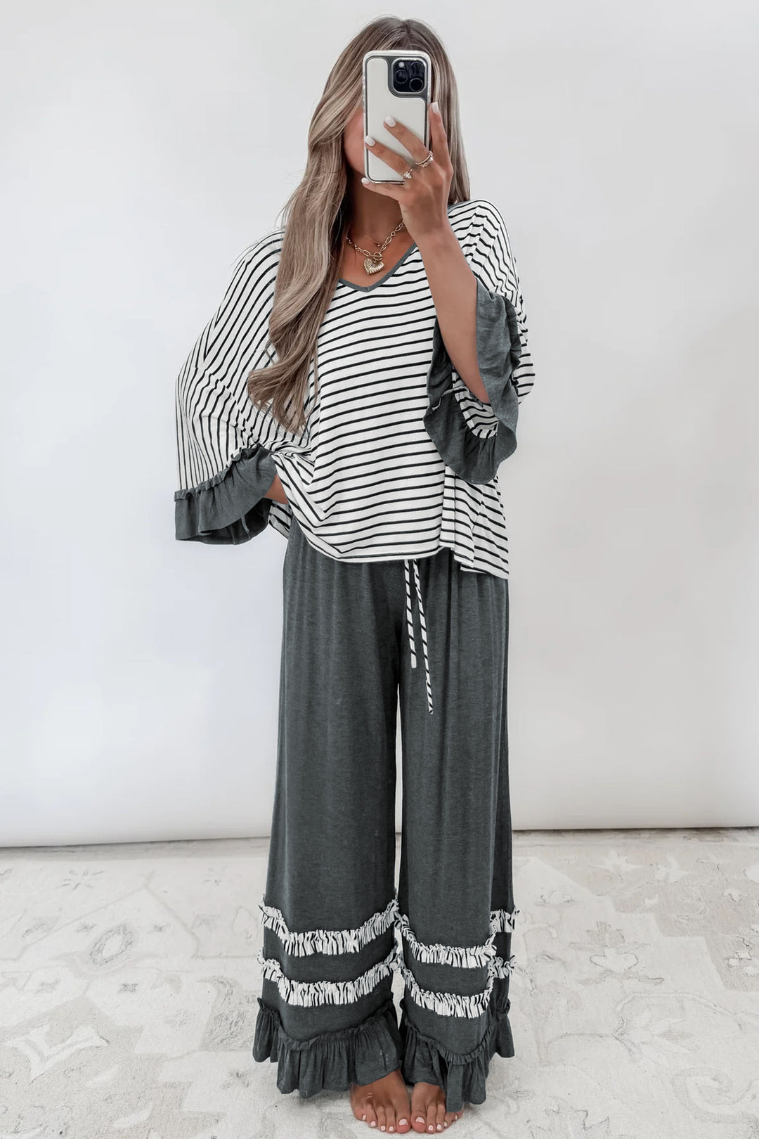 Gray Stripe V Neck Ruffle Contrast Sleeve Top Drawstring Pants 2pcs Set