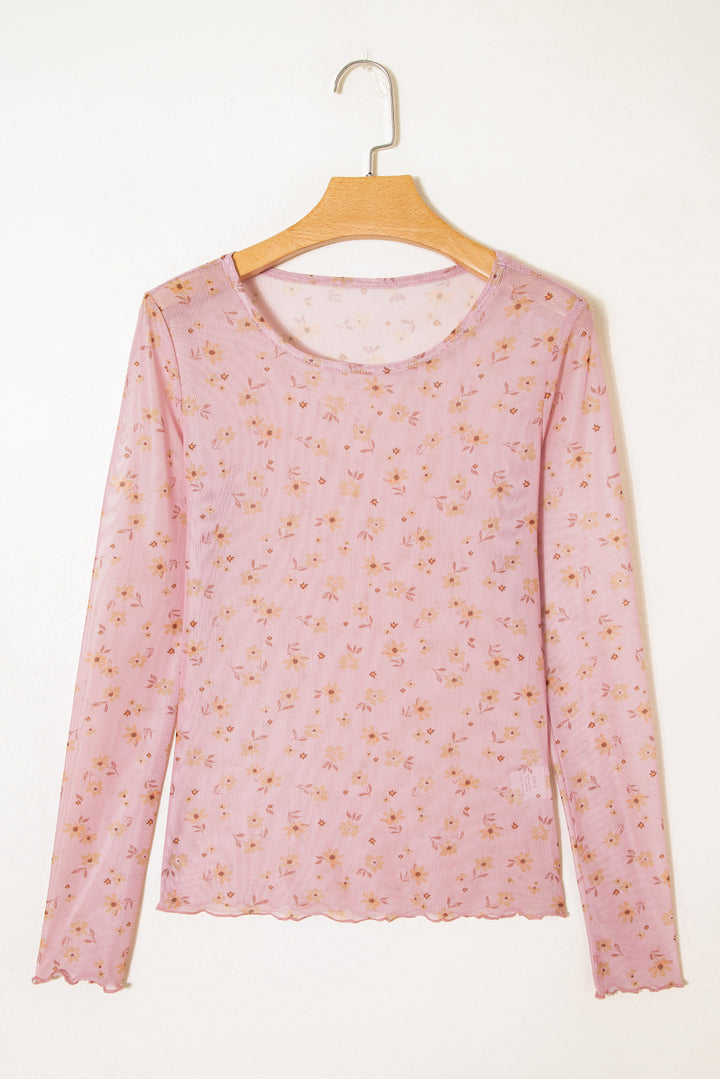 Pink Vintage Floral Print Southern Style Mesh Long Sleeve Top