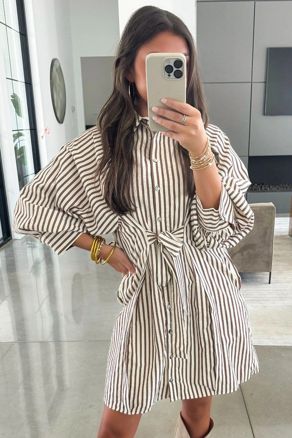 Knot Waist Puff Sleeve Button Down Mini Shirt Dress