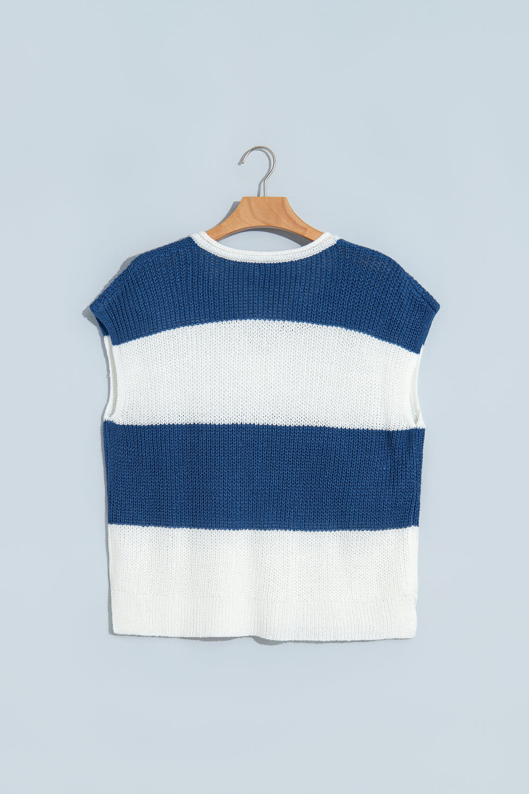 Blue Stripe Striped Colorblock Knit V Neck Short Sleeve Loose Sweater