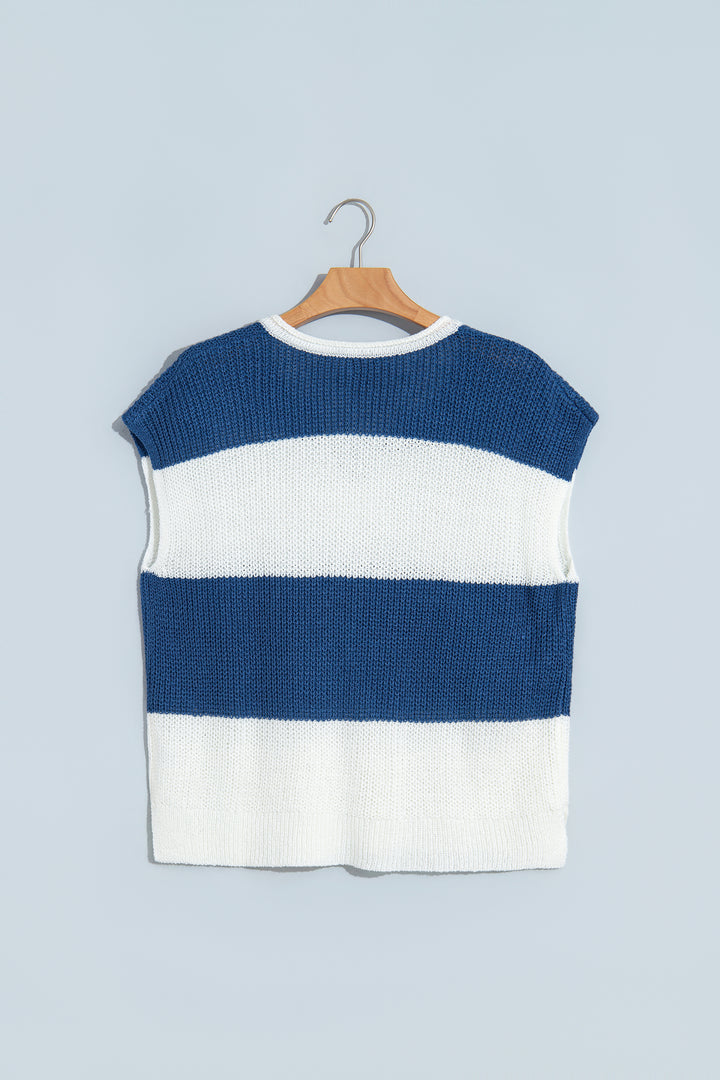 Blue Stripe Striped Colorblock Knit V Neck Short Sleeve Loose Sweater