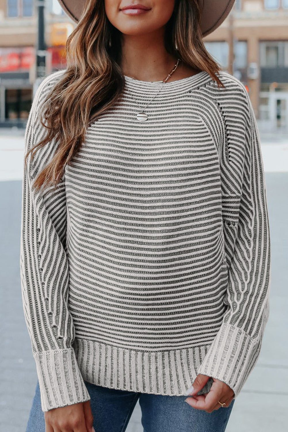 Striped Print Ribbed Knit Boat Neck Baggy Sweater