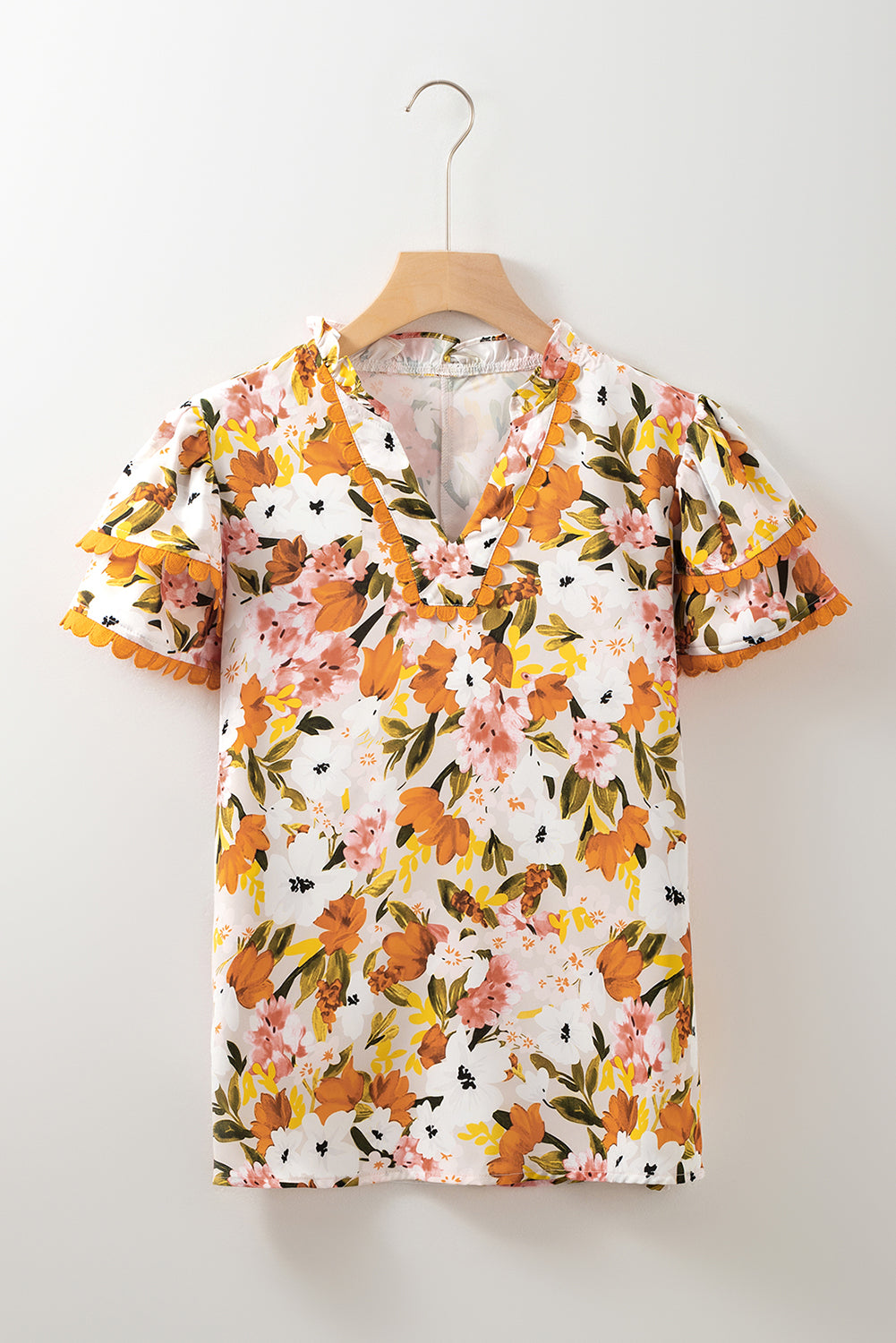 Ruffled V Neck Scalloped Short Sleeve Floral Blouse