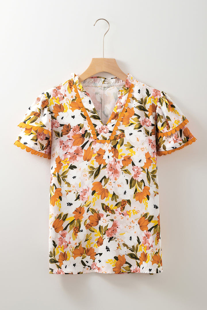 Ruffled V Neck Scalloped Short Sleeve Floral Blouse