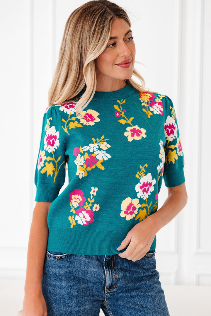 Flower Pattern Mock Neck Short Sleeve Knitted T Shirt