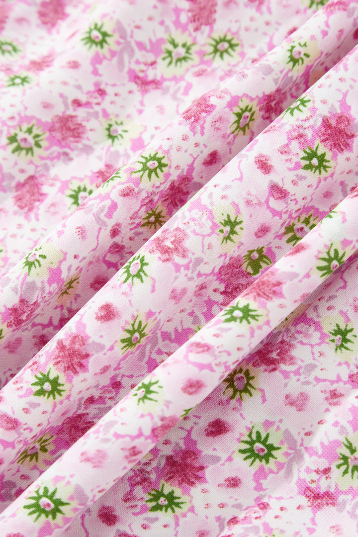 Pink Floral Short Shirred High Waist Maxi Dress