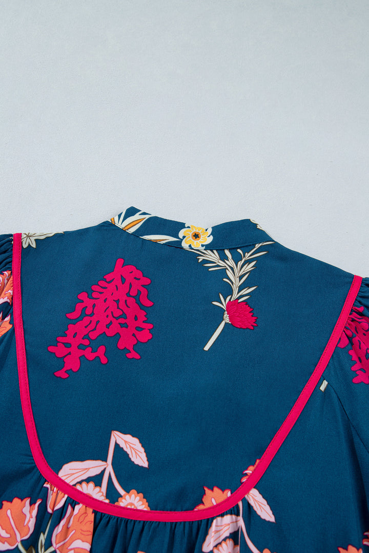 Chic Blue Floral Print Gathered Neckline 7/8 Sleeve Casual Midi Dress