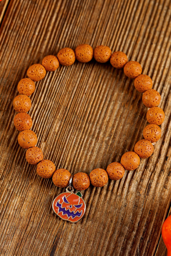 Halloween Pumpkin Face Pendant Beaded Elastic Bracelet