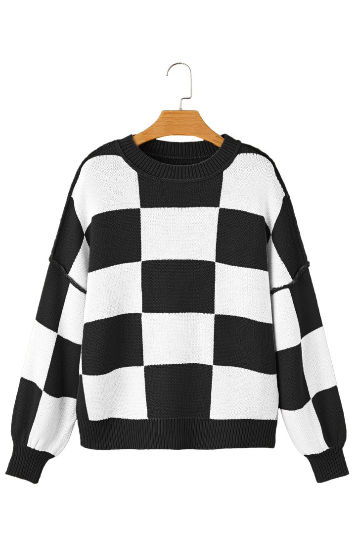 Black Checkered Bishop Sleeve Sweater