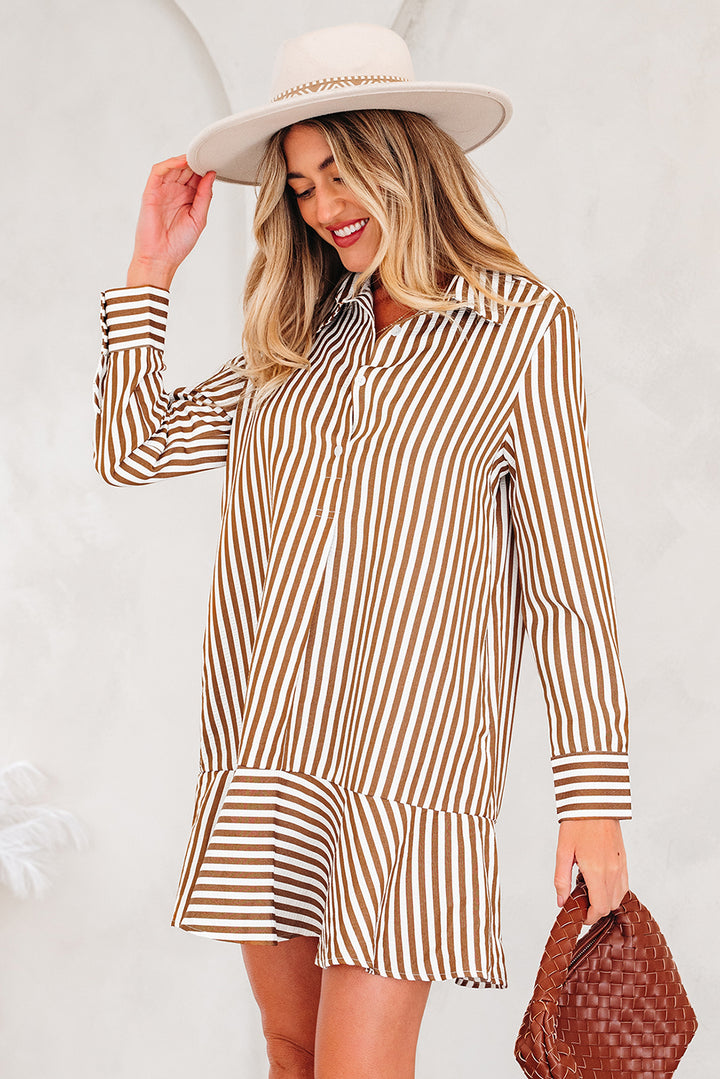 Ruffled Hem Collared Long Sleeve Shirt Mini Dress
