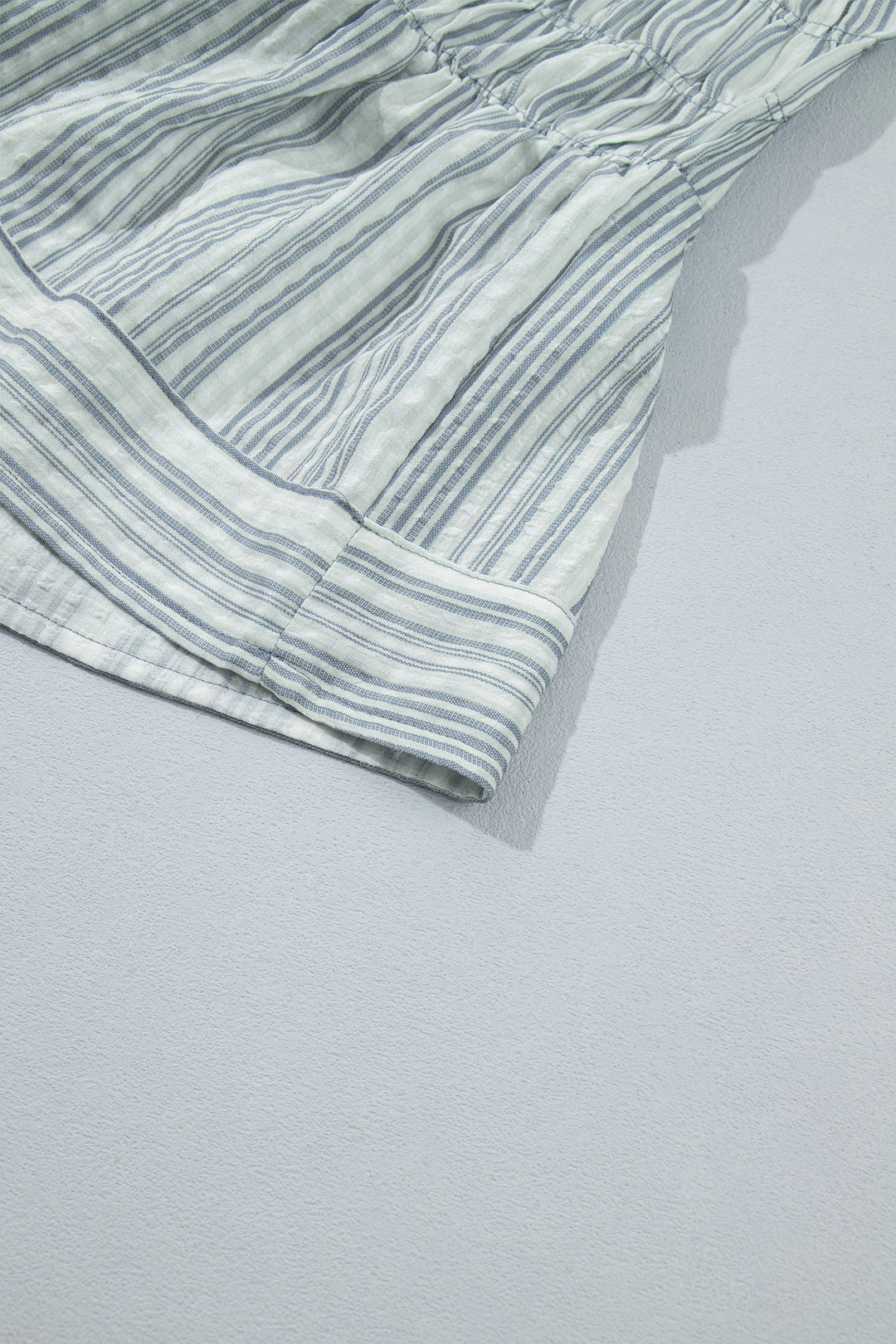 Blue Stripe V Neck Shirred Long Sleeve Blouse
