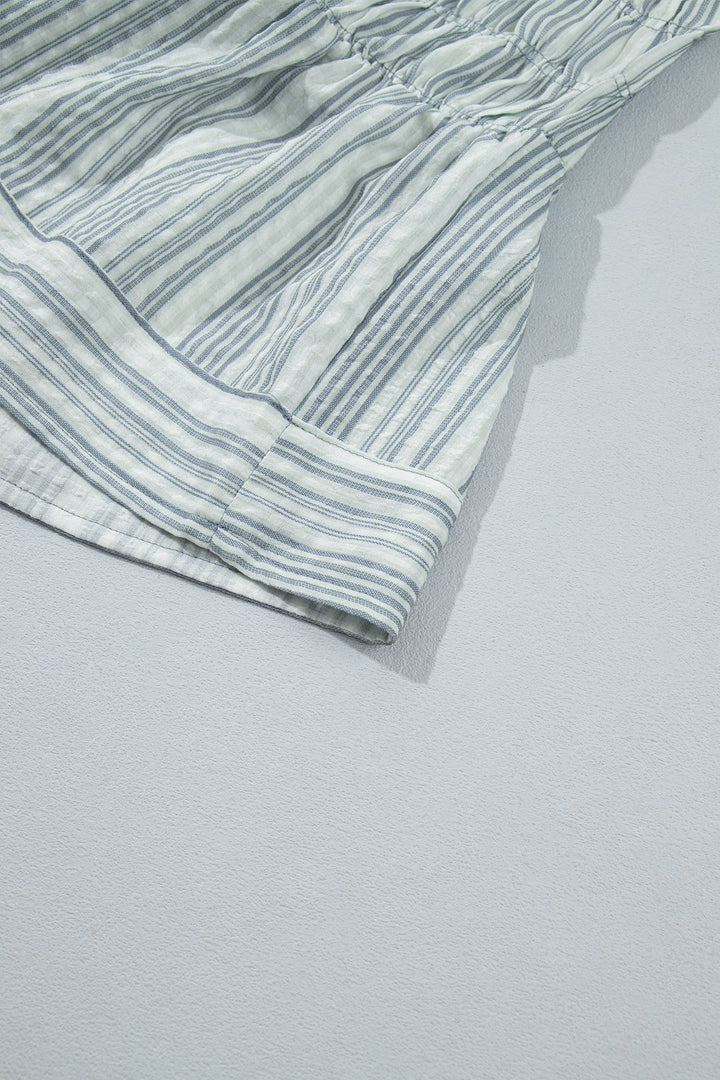 Blue Stripe V Neck Shirred Long Sleeve Blouse