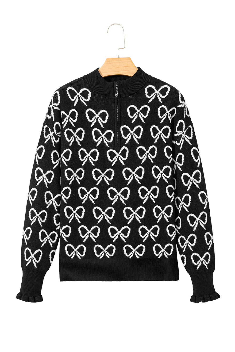 Cute Bow Pattern Drop Shoulder Zipped Collar Sweater