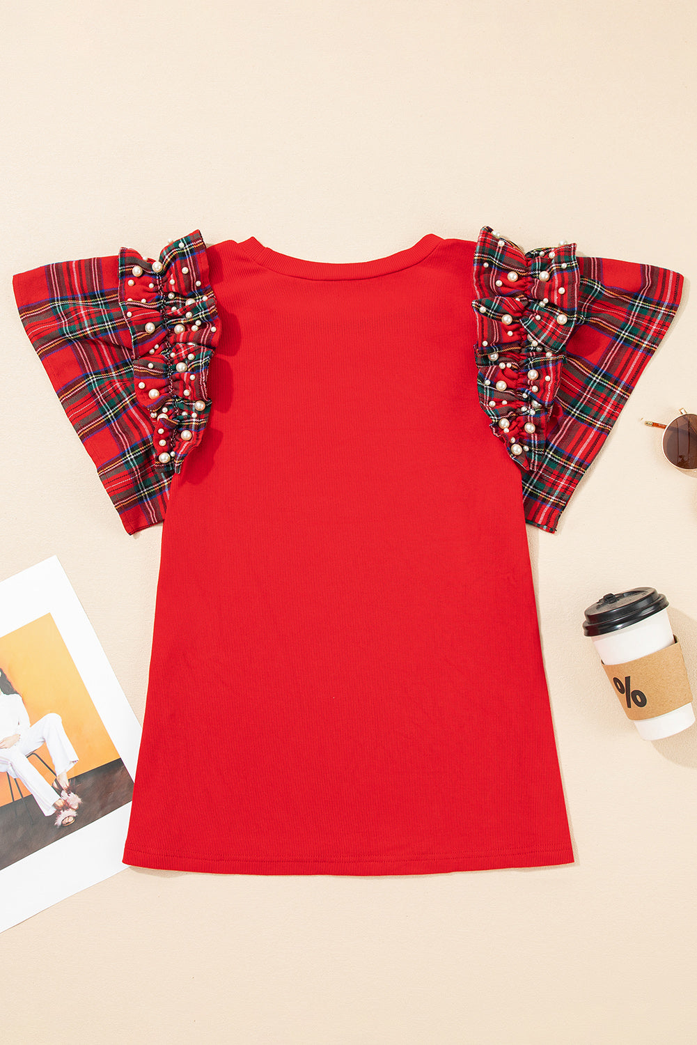 Plaid Pearl Ruffle Short Sleeve Loose T Shirt
