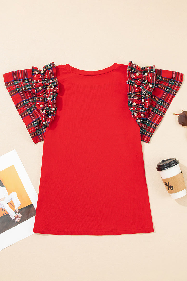 Plaid Pearl Ruffle Short Sleeve Loose T Shirt