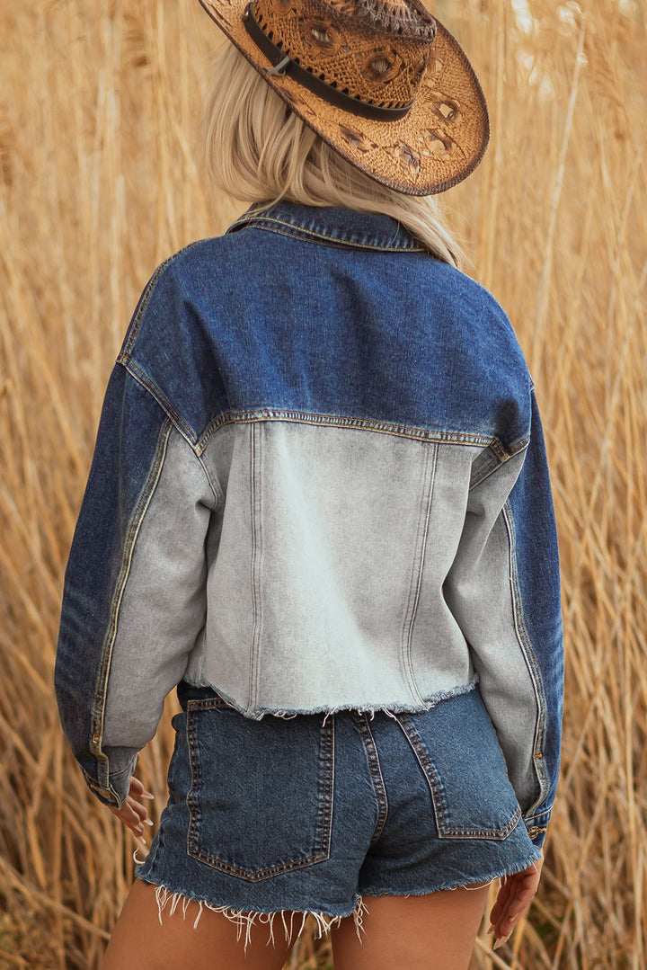 Color Block Patchwork Flap Detail Distress Denim Jacket