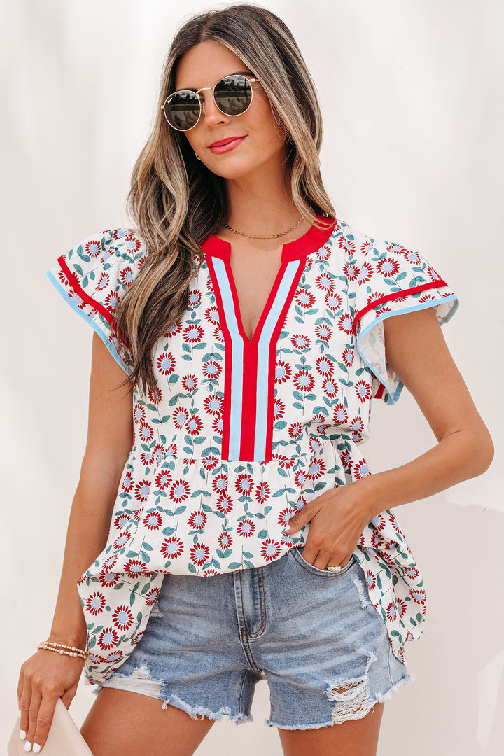 Red Sunflower Printed Contrast Trim V Neck Flutter Sleeve Blouse