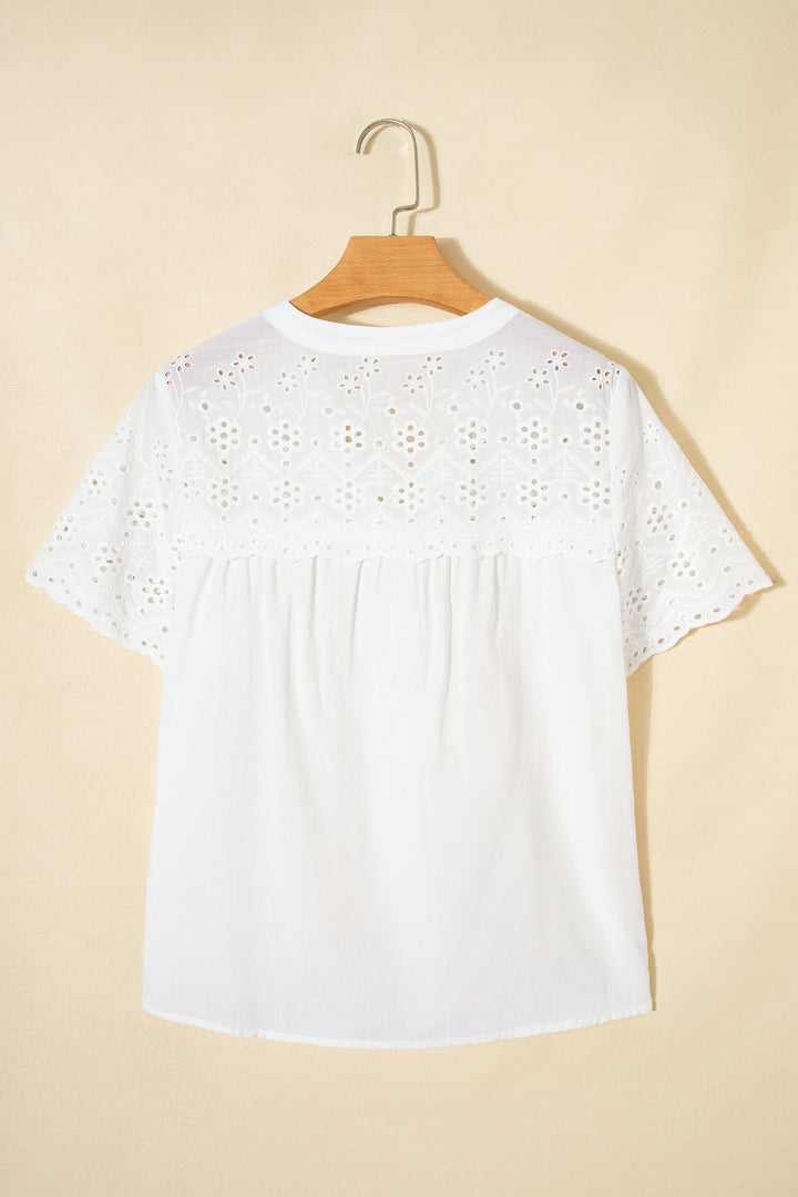 Flower Eyelet Embroidered Patchwork Sheer Short Sleeve Shirt