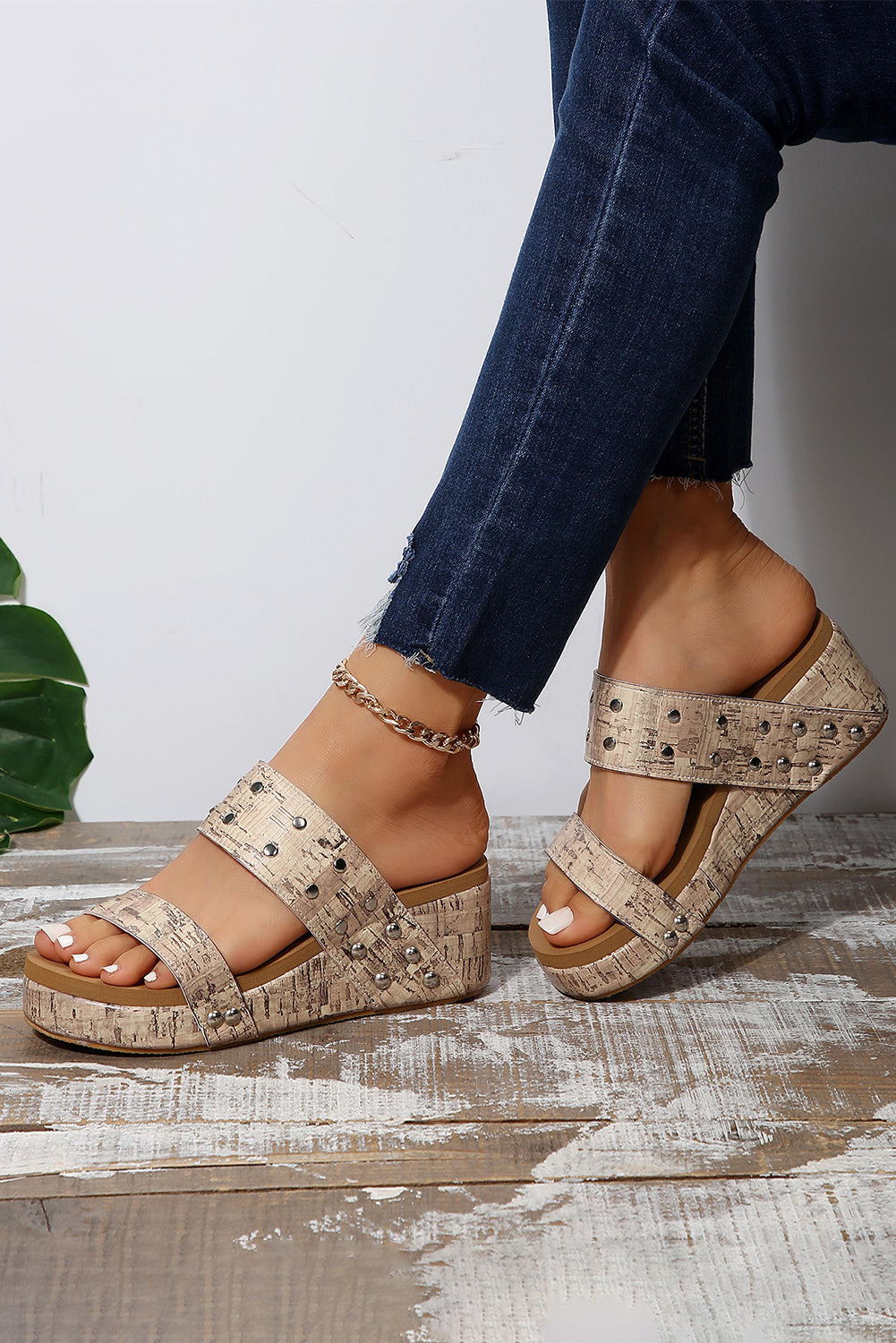 Rivet Double Straps Wedge Slippers
