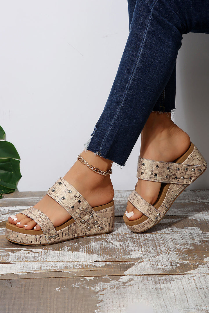 Rivet Double Straps Wedge Slippers