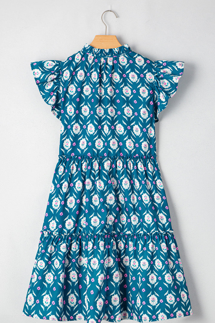 Retro Floral Print Split Neck Ruffle Short Sleeve Dress