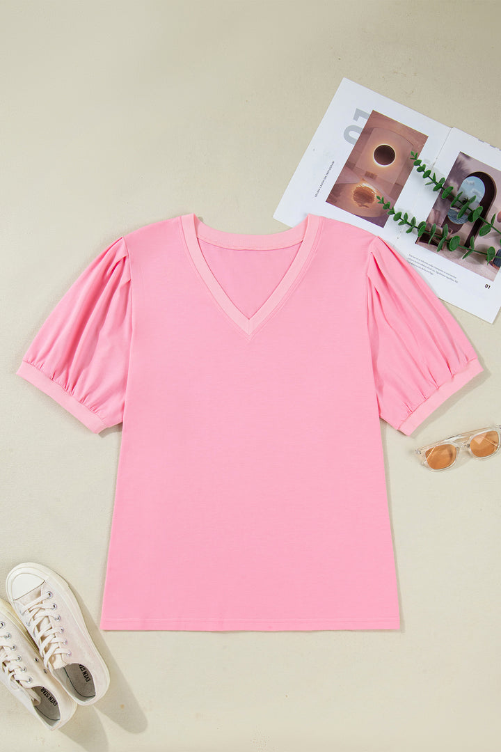 Bonbon V Neck Pleated Short Puff Sleeve Plus Size Blouse