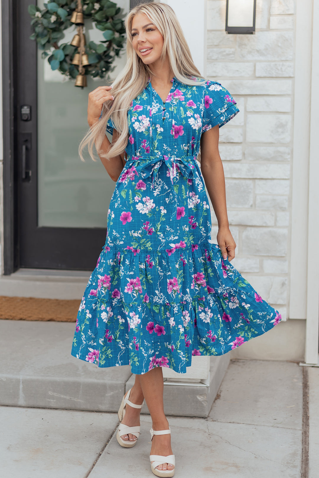 Floral Flutter Sleeve Button Tie Split Neck Belted Long Dress