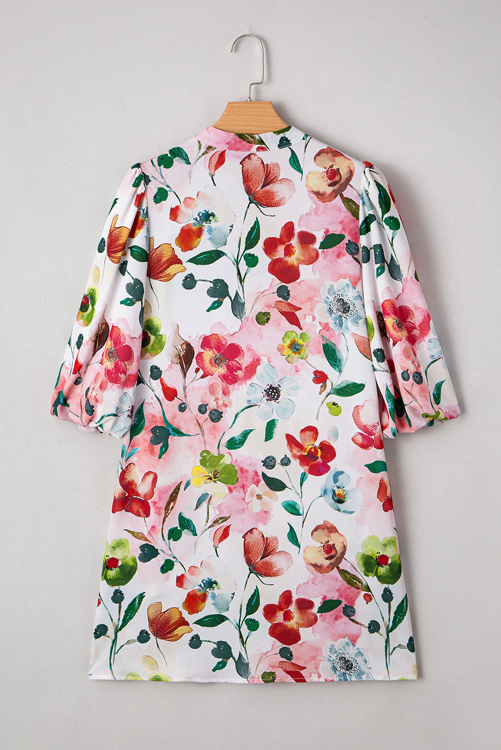 Floral Contrast Striped V Neck Puff Half Sleeve Shift Dress