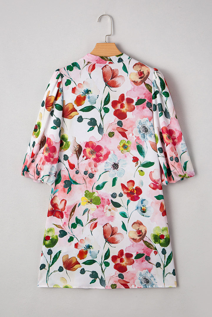 Floral Contrast Striped V Neck Puff Half Sleeve Shift Dress