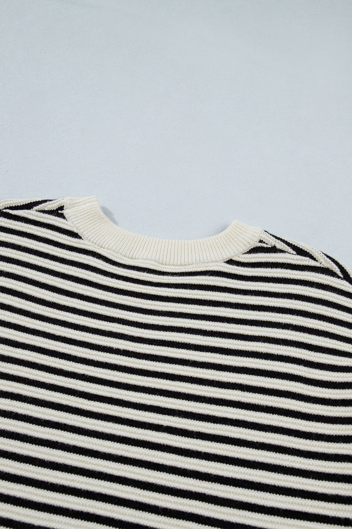 Black Stripe Ribbed Trim Drop Shoulder Oversized Sweater