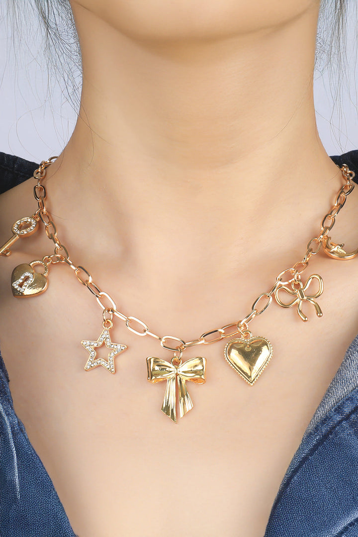 Bow Heart Star Key Charm Alloy Adjustable Chain Necklace