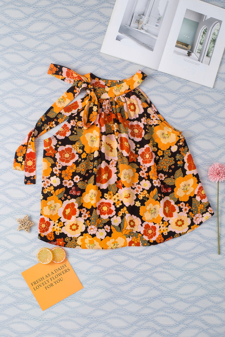 Floral Print Knotted Halter Neck Sleeveless Top