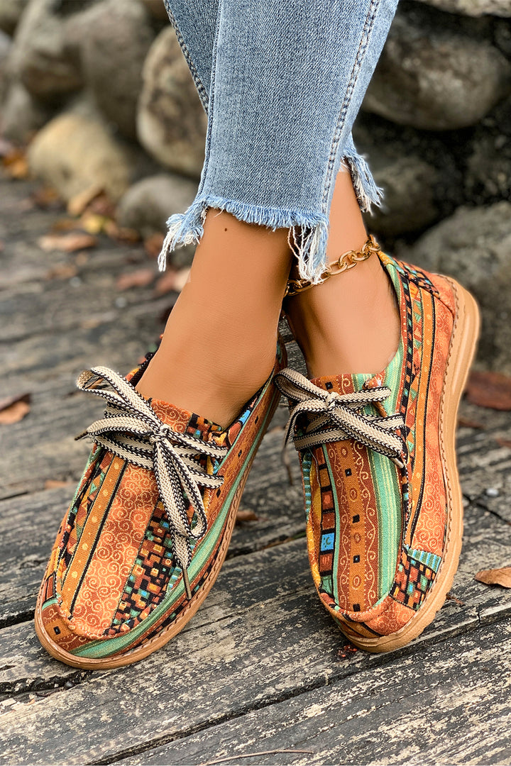 Ethnic Artistic Print Lace-up Detail Comfort Loafer Shoes