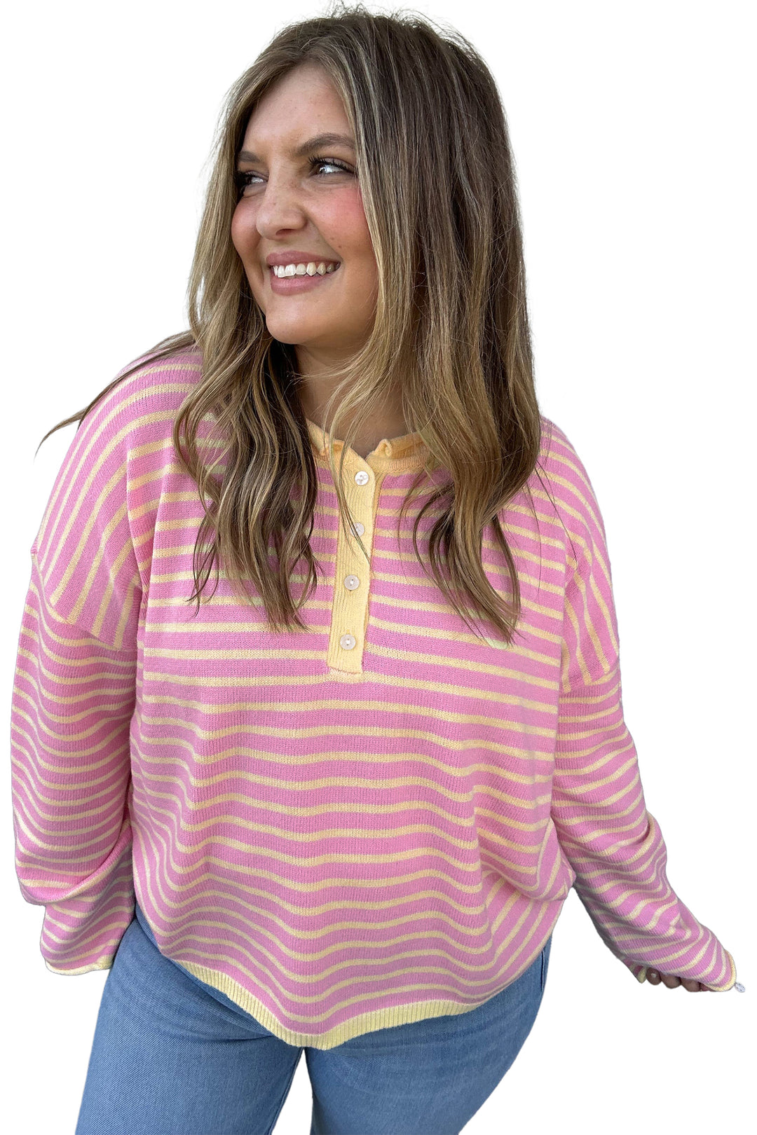 Pink Stripe Striped Colorblock Long Sleeve V Neck Shift Plus Size Sweater