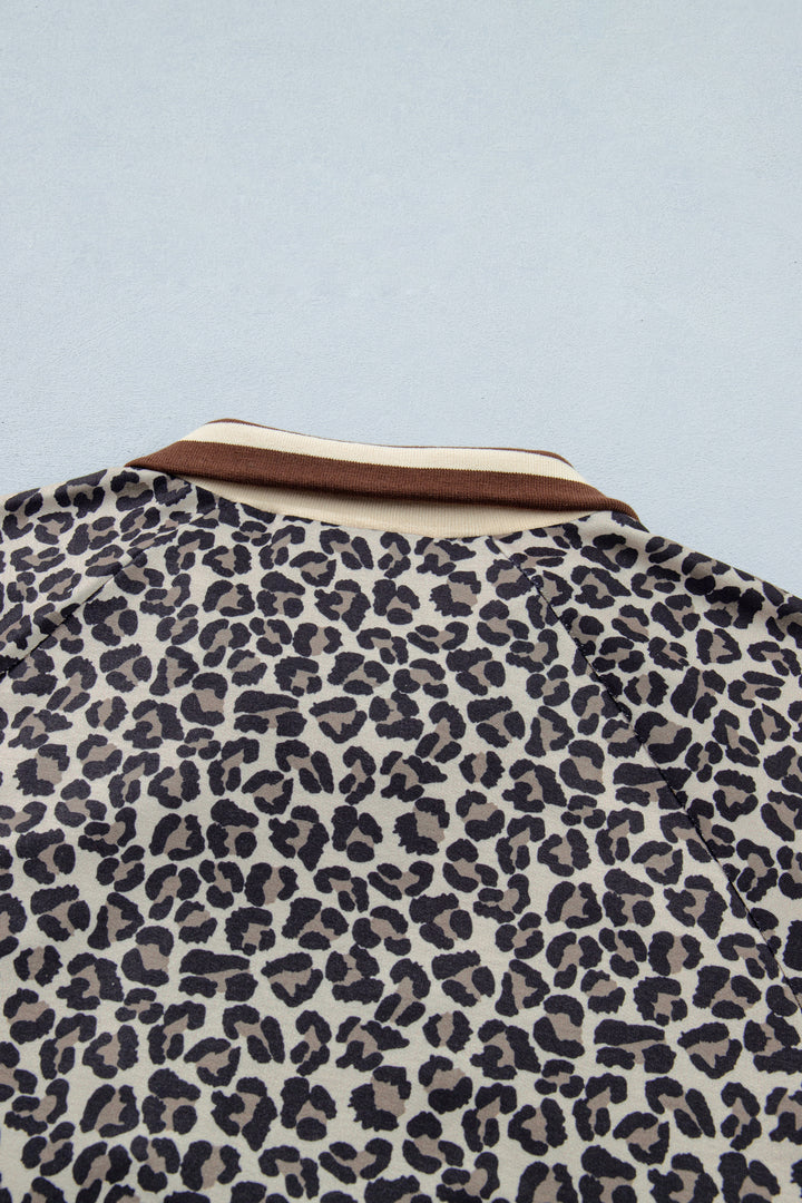 Leopard Print Half Zip Striped Trim Patchwork Short Sleeve Top
