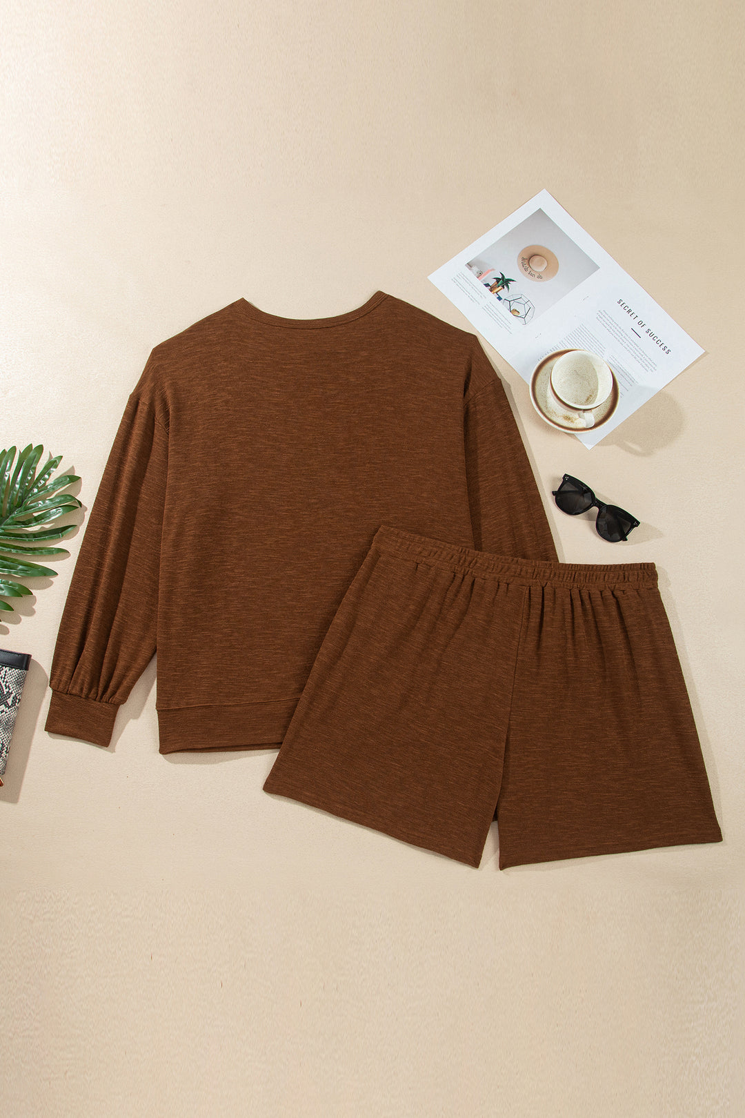Chestnut Long Sleeve Top Elastic Waist Shorts Plus Size Set