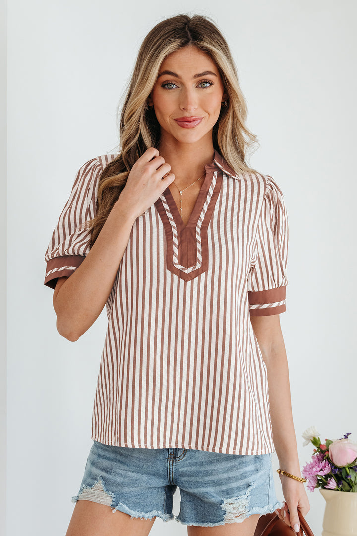 Collared Split Neck Short Bubble Sleeve Blouse